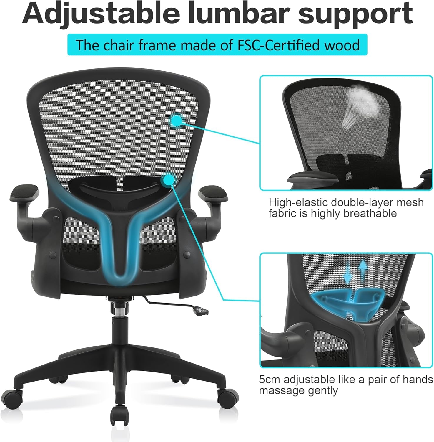 Office Desk Chairs, Ergonomic PC Desk Chair with Wheels, Adjustable Lumbar Support and Height, Swivel Computer Chair with Flip-Up Armrests, Ergo Mesh Backrest for Working (Black)