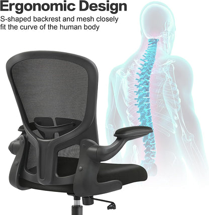 Office Desk Chairs, Ergonomic PC Desk Chair with Wheels, Adjustable Lumbar Support and Height, Swivel Computer Chair with Flip-Up Armrests, Ergo Mesh Backrest for Working (Black)