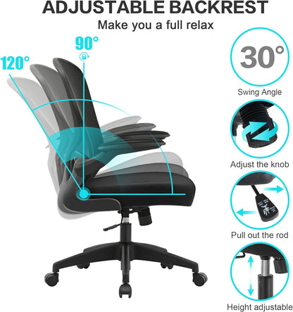 Office Desk Chairs, Ergonomic PC Desk Chair with Wheels, Adjustable Lumbar Support and Height, Swivel Computer Chair with Flip-Up Armrests, Ergo Mesh Backrest for Working (Black)